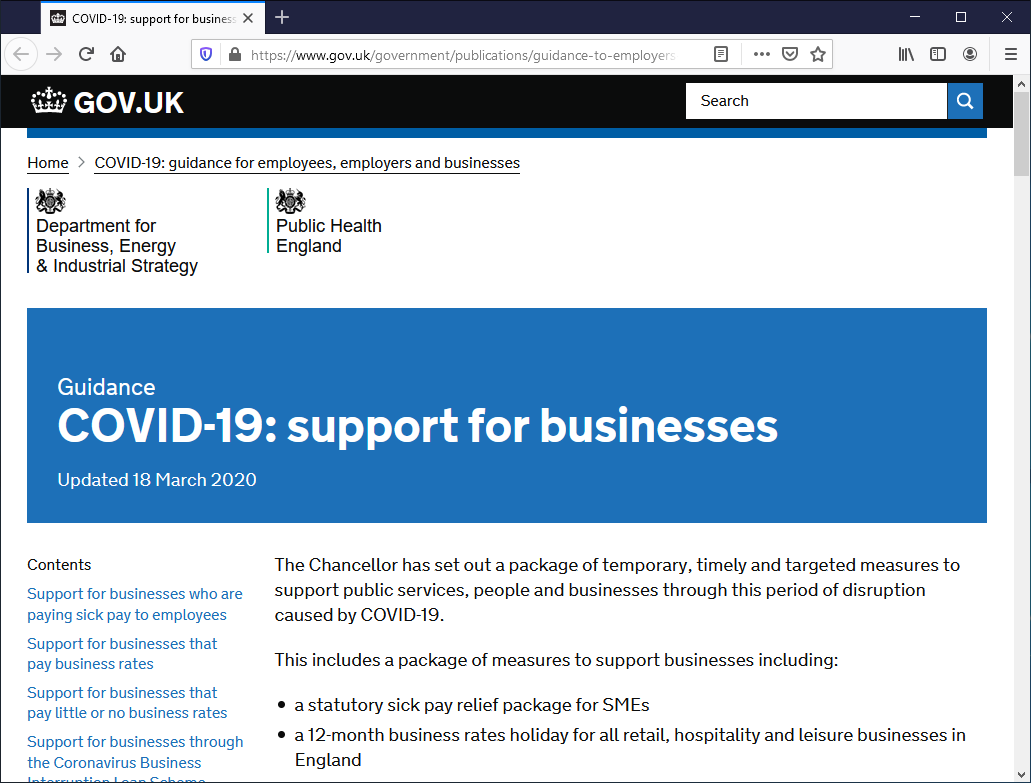 Government&#39;s advice page on support for business affected by COVID-19.